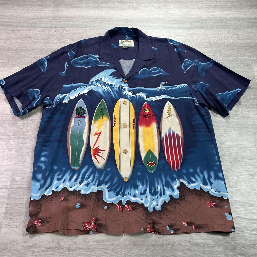 VINTAGE‎ Paradise Found Shirt Mens Large Blue Surfboard Hawaiian Aloha Button Up